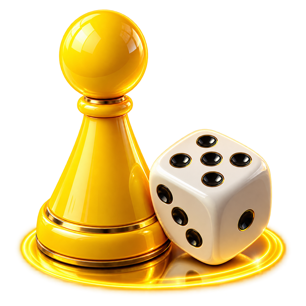 Glossy yellow Ludo piece beside a classic white die