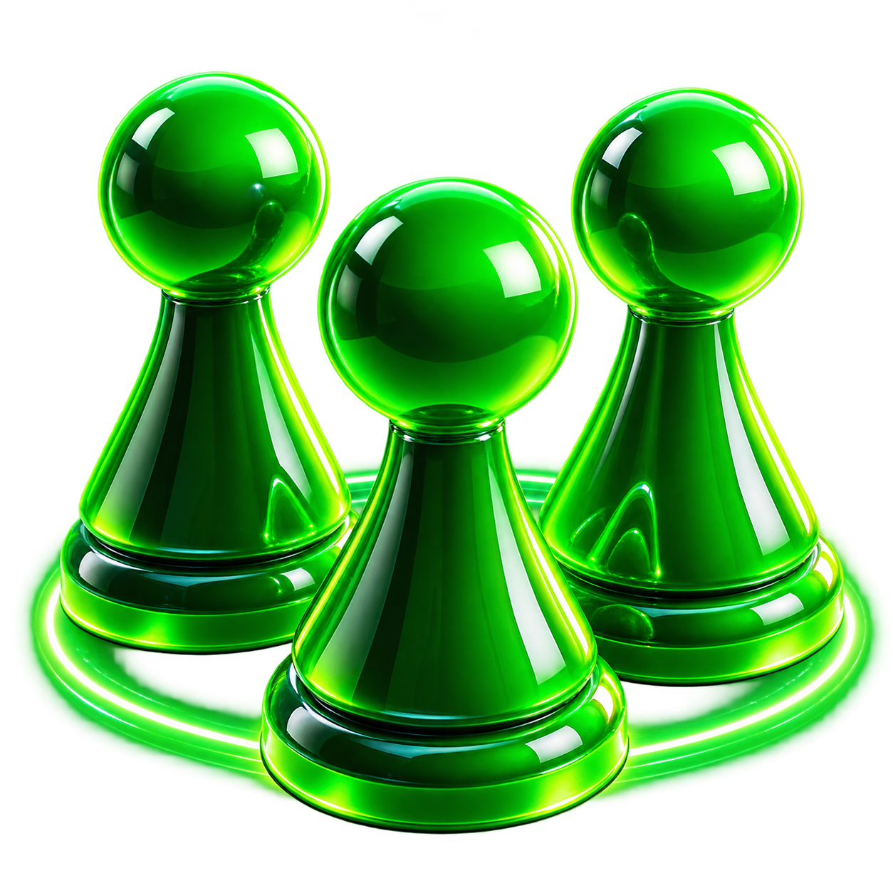 Three glossy green Ludo pieces representing friends playing together