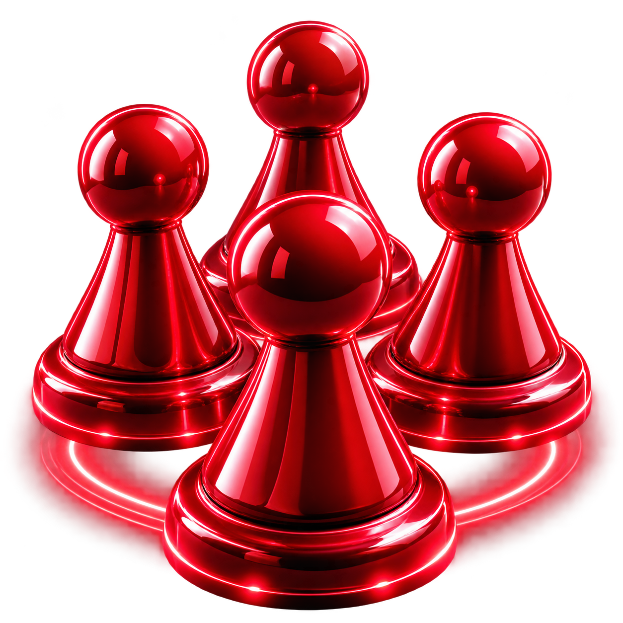 Four glossy red Ludo pieces prepared for online multiplayer