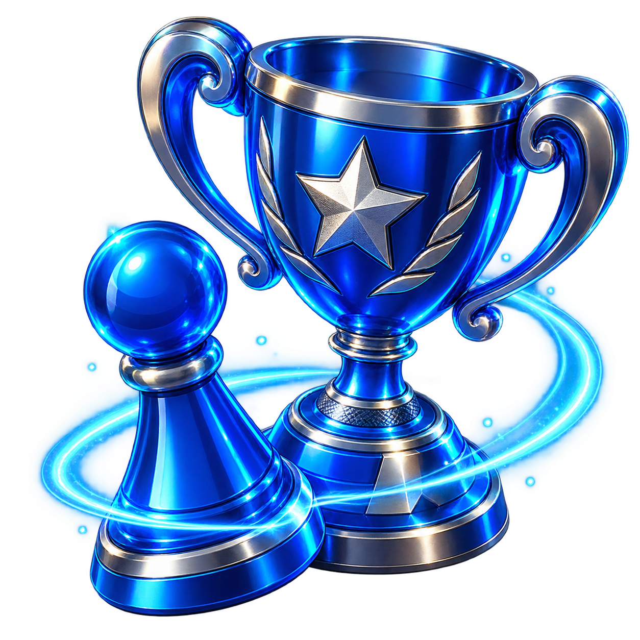 Blue Ludo piece beside an esports championship trophy