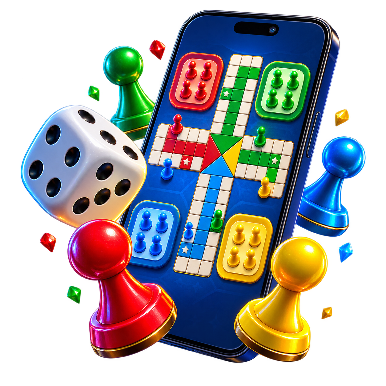 Angled smartphone showing a four-colour Ludo board surrounded by glossy pawns and a white die